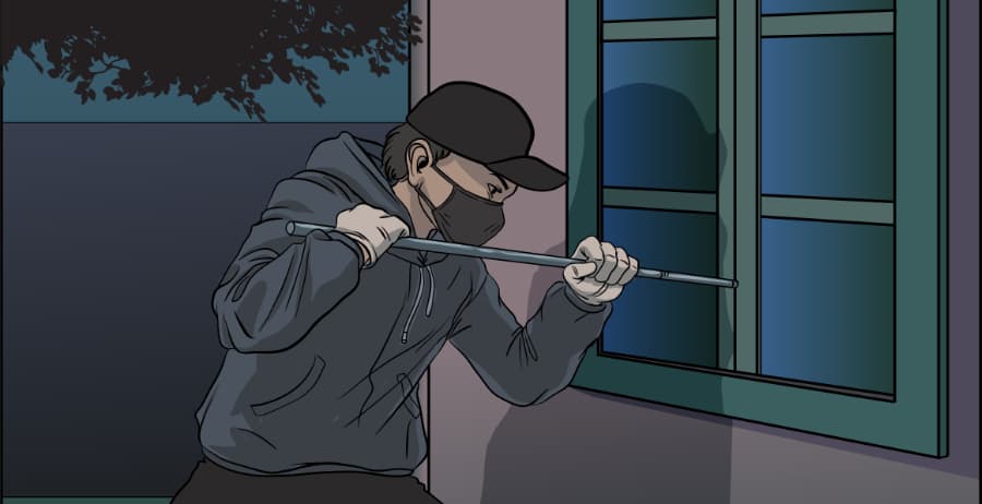 Illustration of burglar forcing entry through a window in New York City